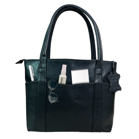 Genuine Leather Tote Bag for Women – Large Shoulder Handbag with Multiple Pockets | Work, Laptop & Travel Purse | Stylish Classic Bag for Office, Casual, Business, Gift (Black)