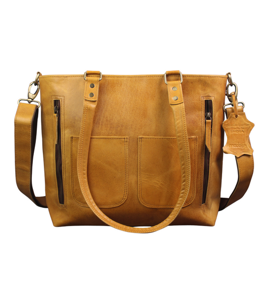 Madosh Women's Genuine Leather Tote Shoulder Bag – Handcrafted Yellow Crossbody Everyday Purse with Detachable Strap & Front Pockets