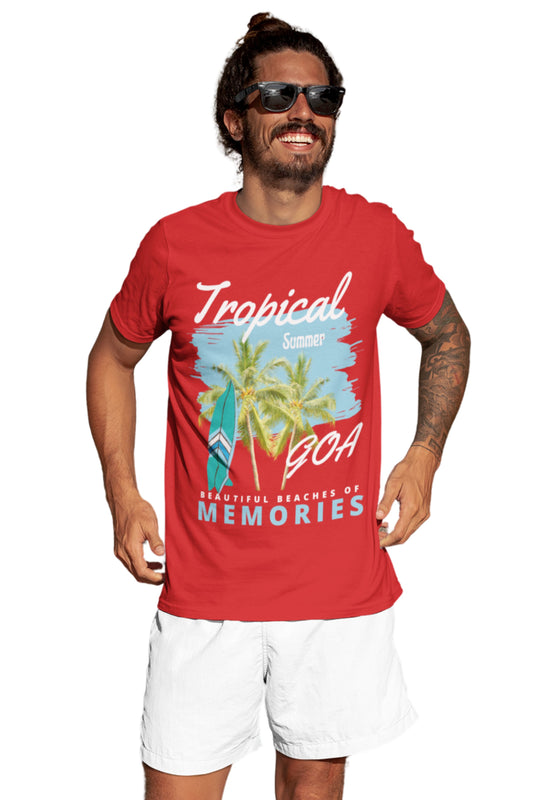 Men's 100% Cotton Goa Printed t-shirt | Round Neck Summer Holidays t-shirt | Half Sleeve Graphic Tshirt (IN, Alpha, S, Regular, Red)