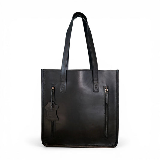 Women’s Genuine Leather Black Tote Bag – Large Shoulder Handbag with Laptop Sleeve, Handmade Office Shopper Purse with Multiple Pockets for Work, Travel & Daily Use