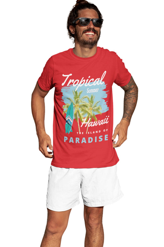 Cotton Men's t-Shirt Printed Beach Wear Tshirt | Round Neck Summer Holidays Tshirt (IN, Alpha, S, Regular, Red)