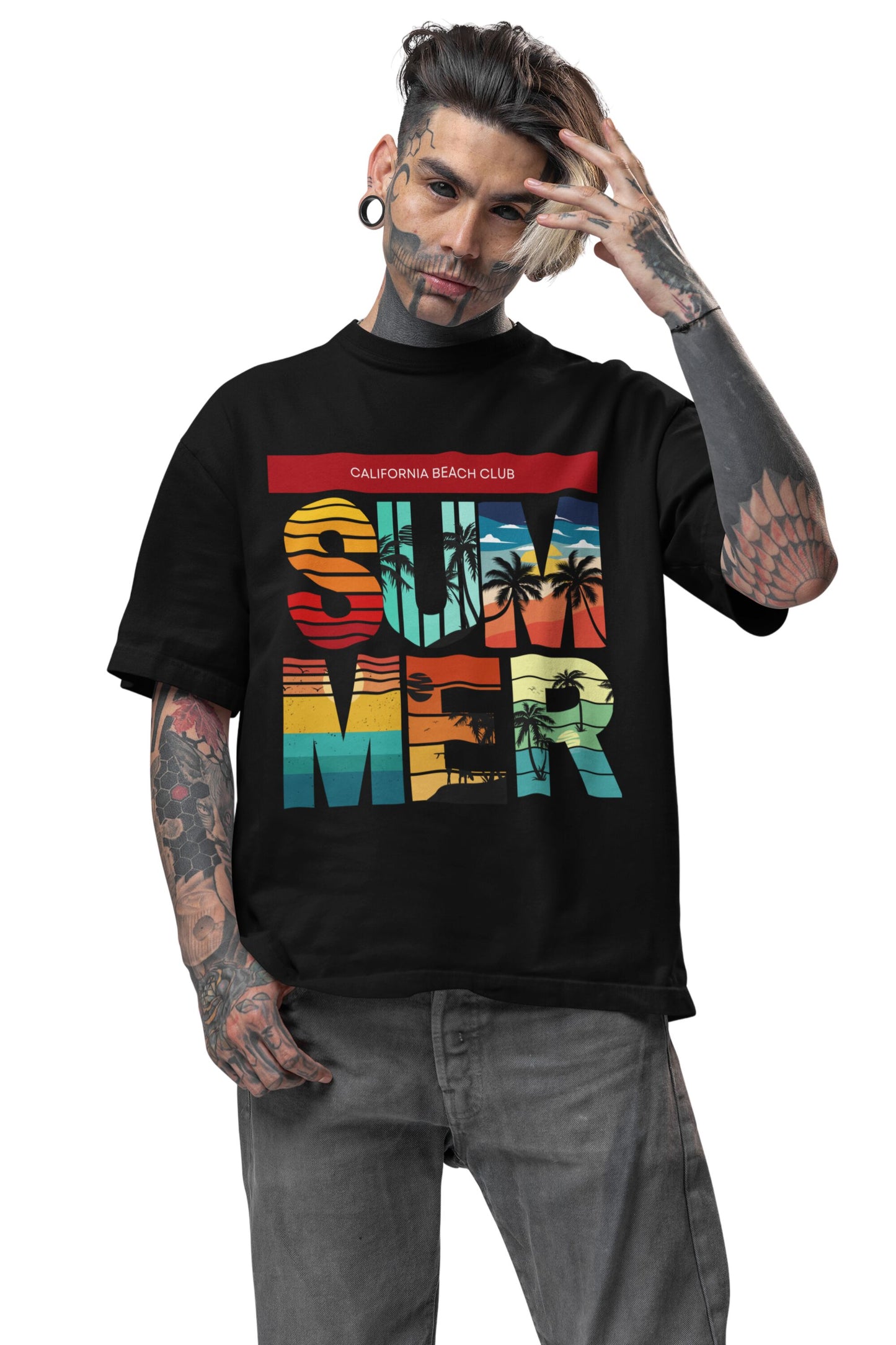Oversized Drop Shoulder Men's Summer Beach Graphic Tshirt | Round Neck Printed t-Shirt 100% Cotton (240gsm) | Beach Wear Tshirt | Men's Printed Top (IN, Alpha, XL, Plus, Black)