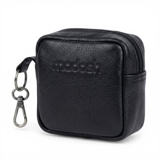 Genuine Leather Small Pouch with Zipper, Compact Key Holder Case with Brass Clip, Mini Storage Bag for Coins, Earbuds and Small Essentials (Black)