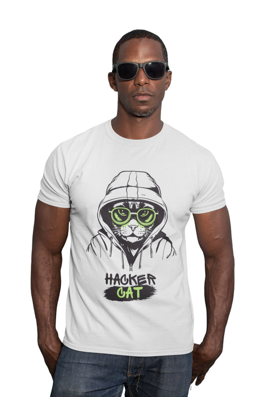 White Recycled Cotton Regular Fit Men's T-Shirt | Mens White Printed Tshirt | Mens Round Neck Cat Printed Tshirt