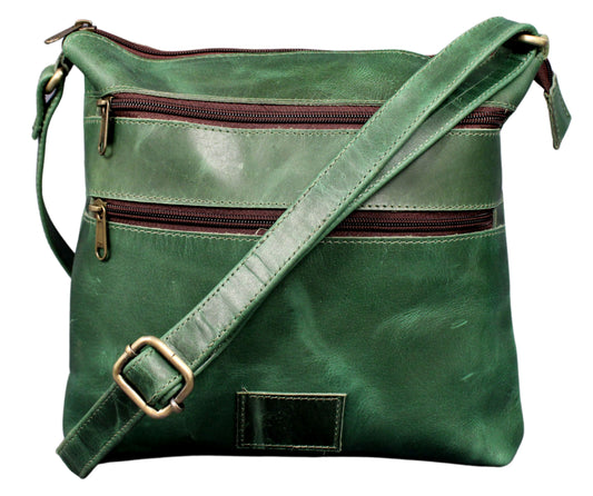 Madosh Genuine Green Leather Unisex Crossbody Shoulder Sling Small Crossover Side Multiple Pocket Hand Bag