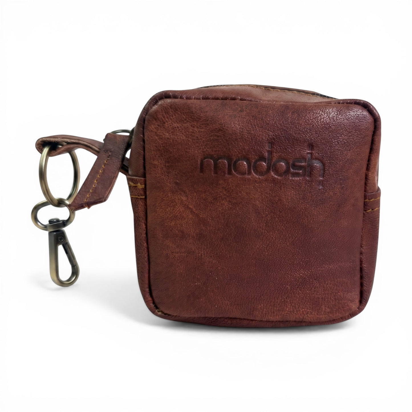 Genuine Leather Small Pouch with Zipper, Compact Key Holder Case with Brass Clip, Mini Storage Bag for Coins, Earbuds and Small Essentials (Brown)