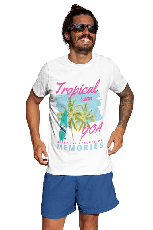 Men's 100% Cotton Goa Printed t-shirt | Round Neck Summer Holidays t-shirt | Half Sleeve Graphic Tshirt (IN, Alpha, S, Regular, White)