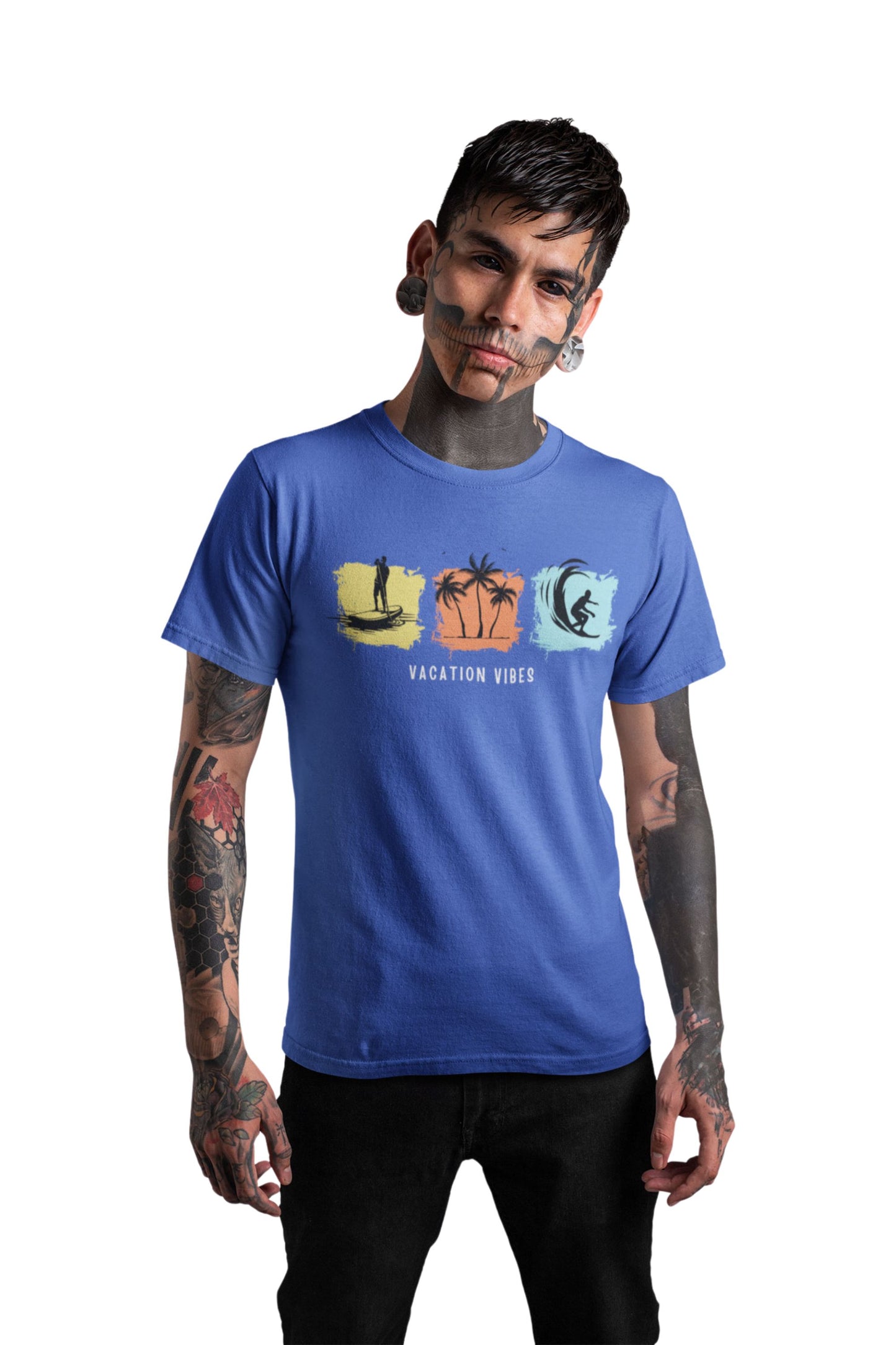 Blue Recycled Cotton Regular Fit Men's T-Shirt | Mens Printed Tshirt | Mens Round Neck Beach Waves Holiday Tshirt (IN, Alpha, L, Regular, Blue)