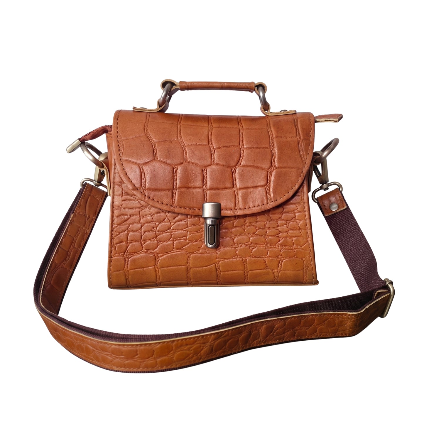 Genuine Leather Women's Crossbody Bag Croc Embossed Top Handle Satchel in Cognac