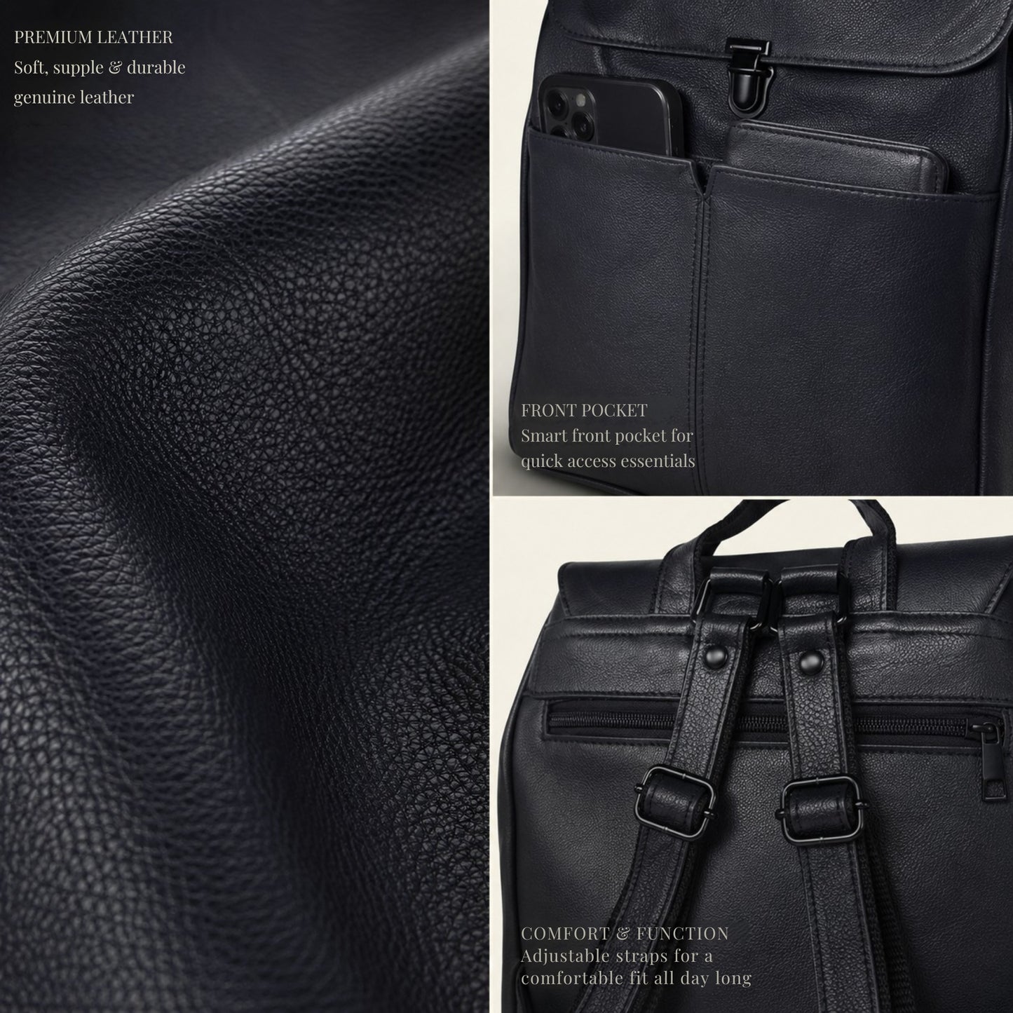 Madosh Black Genuine Leather Unisex Backpack Casual Travel Rucksack Daypack