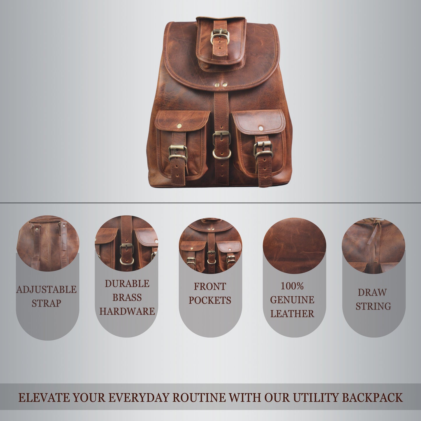 Brown Genuine Leather Laptop Backpack Sports Hiking Daypacks Carryall Rucksack Casual Shoulder Bookbag