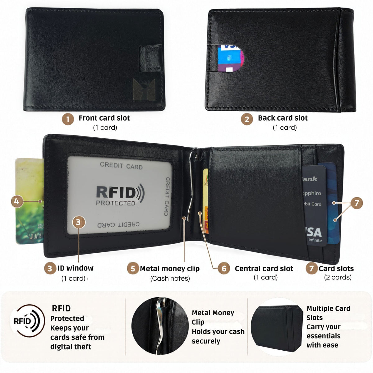 Men’s Genuine Leather Bifold Wallet Black With 5 Card Slots & Metal Money Clip