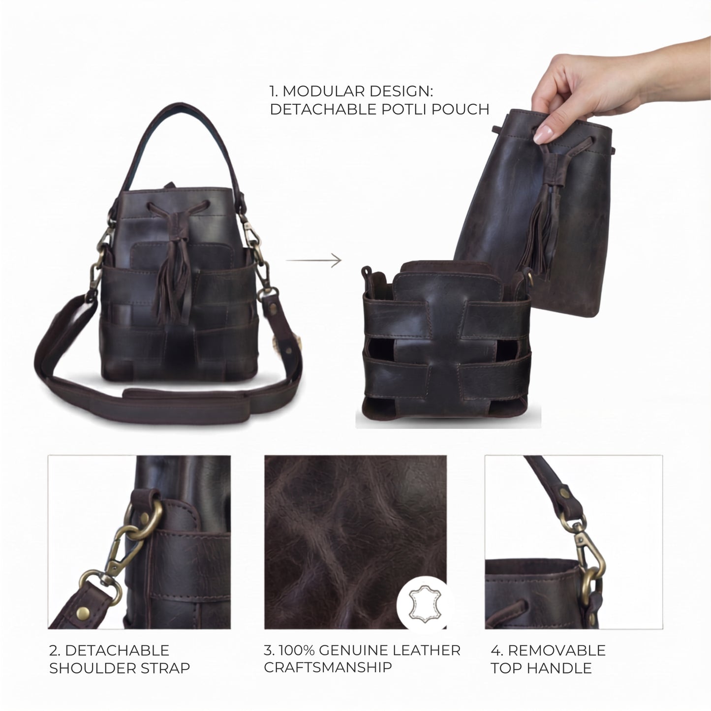 Women's Genuine Leather Bucket Bag  Crossbody Brown bag Cocoon collection