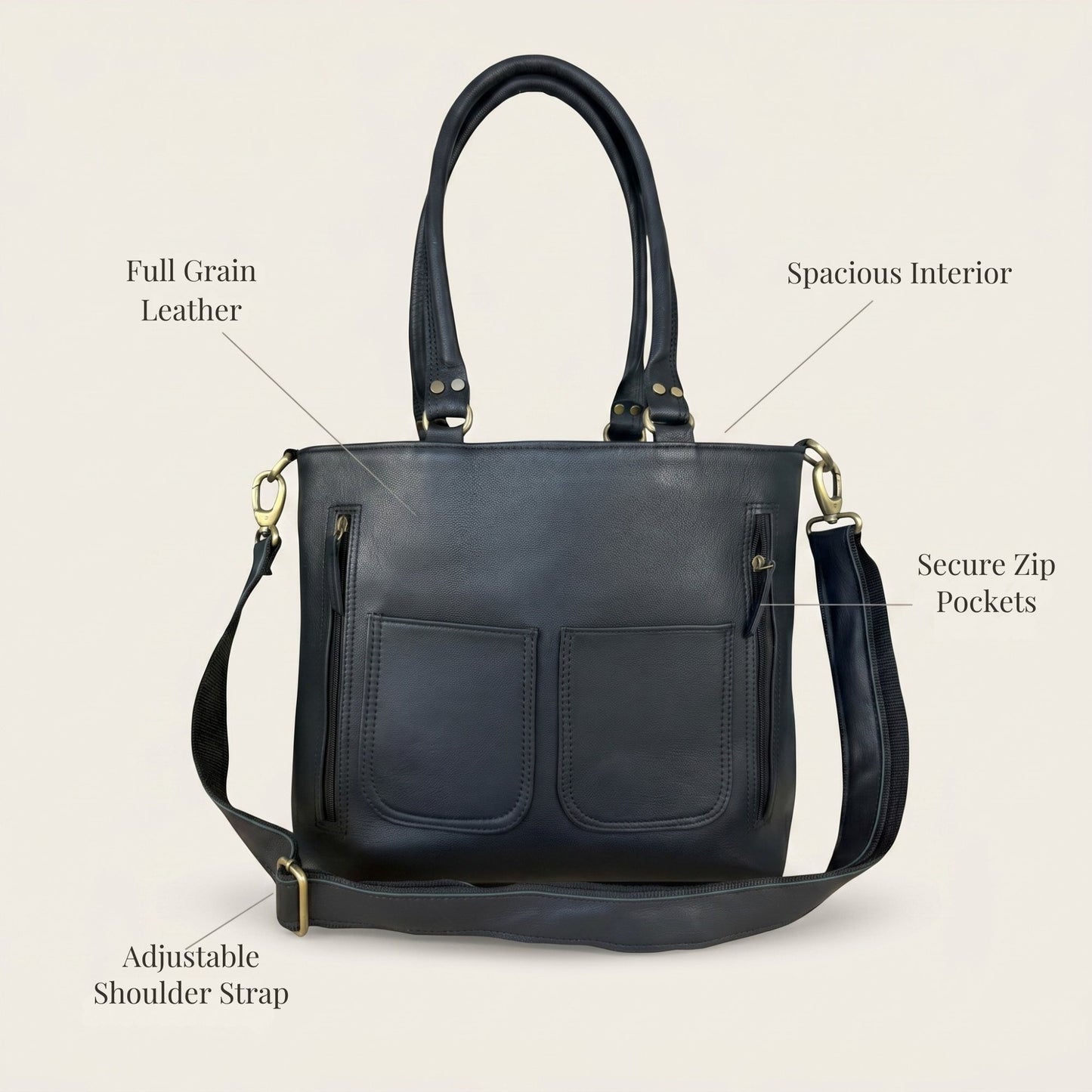 Madosh Women's Genuine Leather Tote Bag | Multi-Pocket Shoulder Bag | Adjustable & Detachable Strap | Elegant Everyday Handbag for Work & Travel (Black)