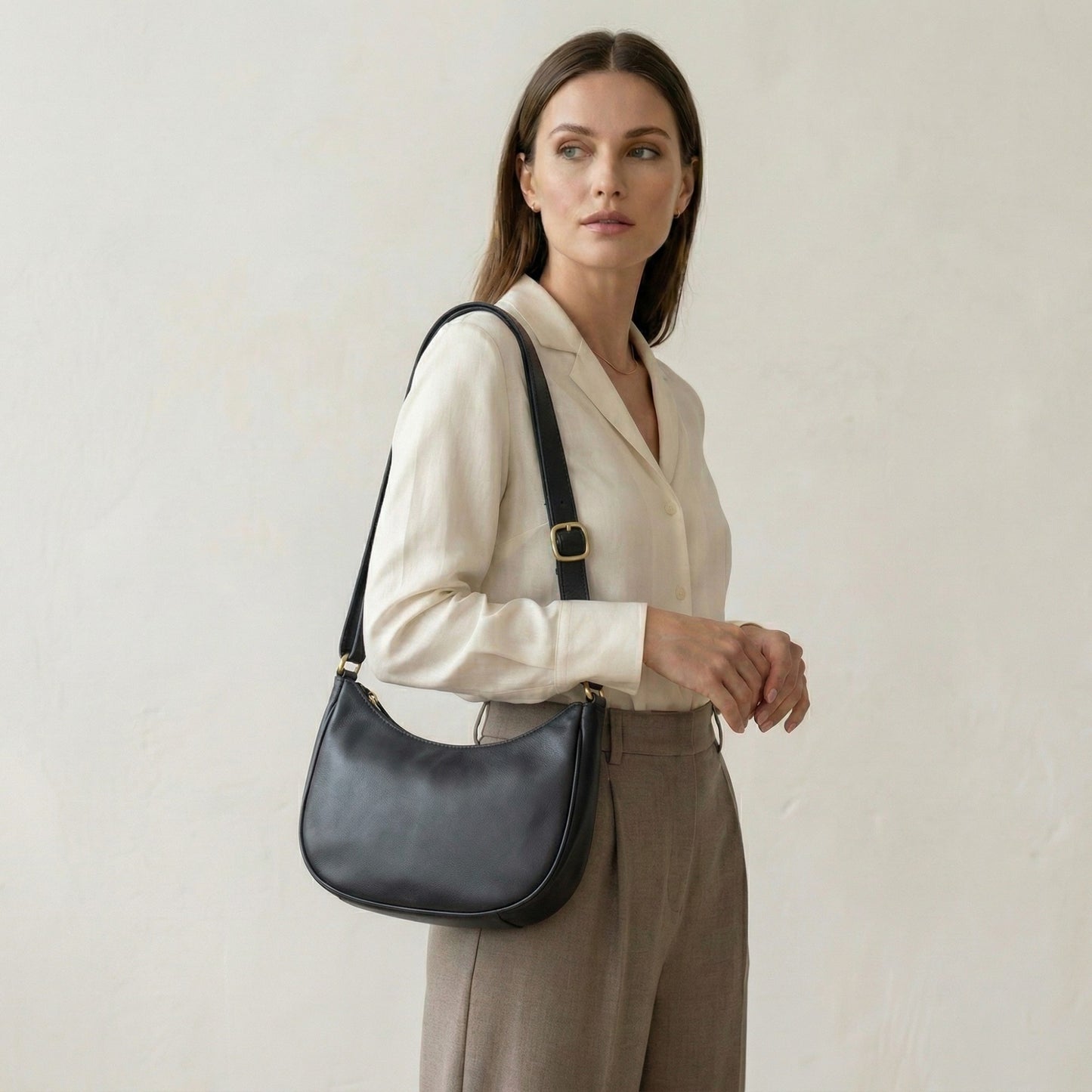 Madosh Genuine Leather Half Moon Crossbody Bag for Women – Small Crescent Shoulder Purse, Minimalist Black Handbag