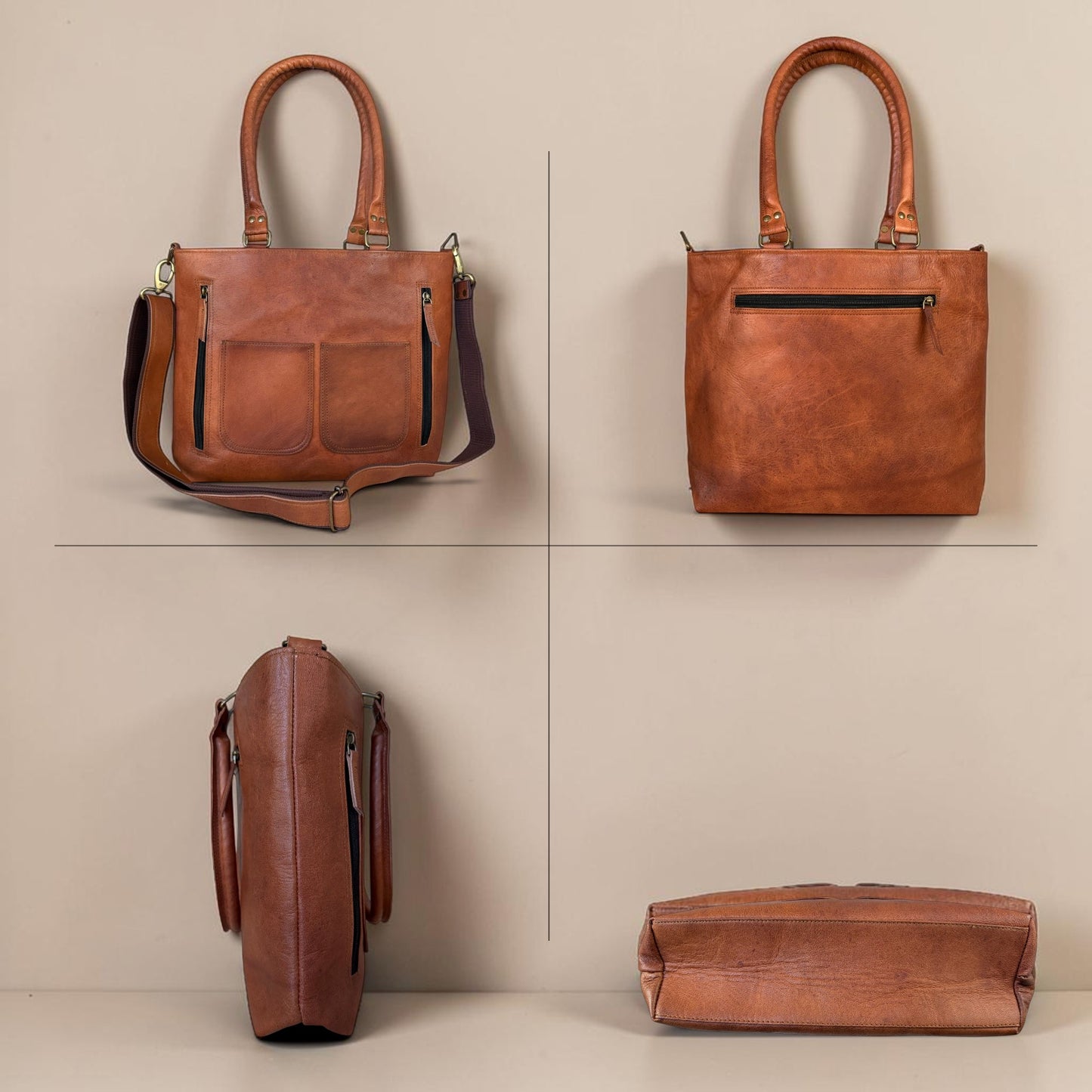 Womens Genuine Leather Brown Tote Shoulder Crossbody Handbag