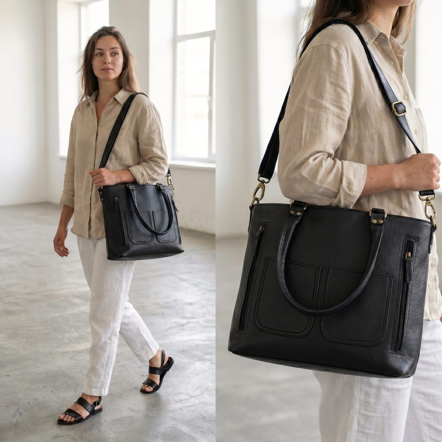 Madosh Women's Genuine Leather Tote Bag | Multi-Pocket Shoulder Bag | Adjustable & Detachable Strap | Elegant Everyday Handbag for Work & Travel (Black)