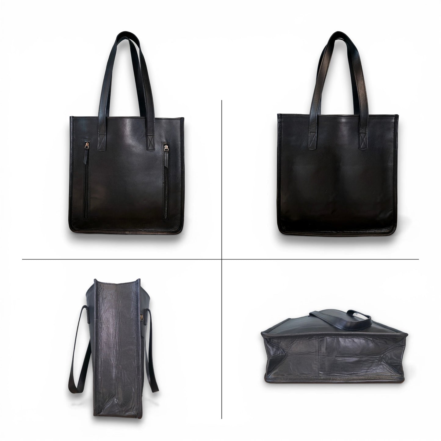 Women’s Genuine Leather Black Tote Bag – Large Shoulder Handbag with Laptop Sleeve, Handmade Office Shopper Purse with Multiple Pockets for Work, Travel & Daily Use