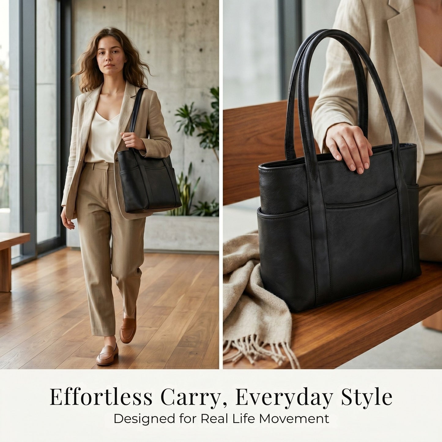 Genuine Leather Tote Bag for Women – Large Shoulder Handbag with Multiple Pockets | Work, Laptop & Travel Purse | Stylish Classic Bag for Office, Casual, Business, Gift (Black)