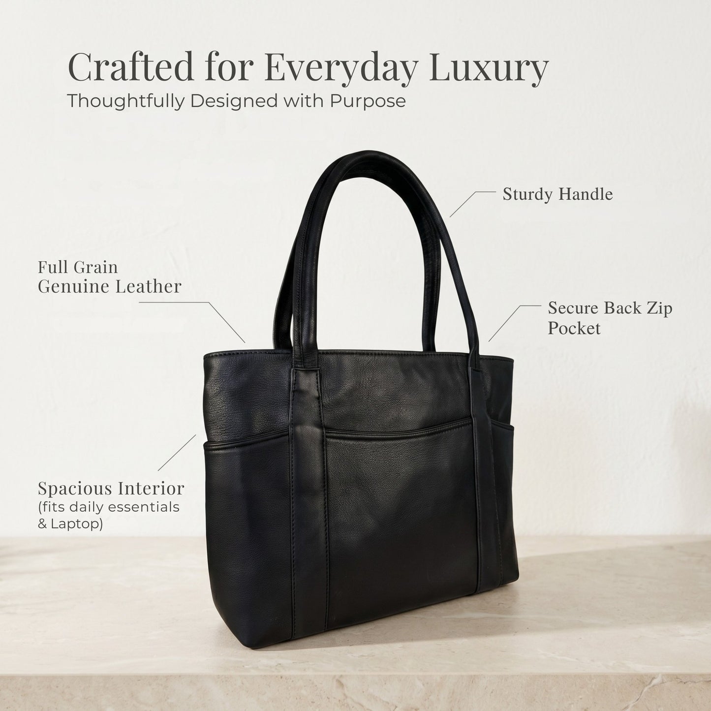 Genuine Leather Tote Bag for Women – Large Shoulder Handbag with Multiple Pockets | Work, Laptop & Travel Purse | Stylish Classic Bag for Office, Casual, Business, Gift (Black)