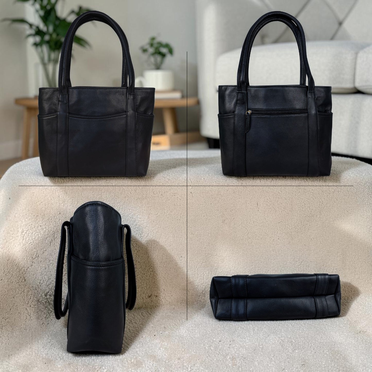 Genuine Leather Tote Bag for Women – Large Shoulder Handbag with Multiple Pockets | Work, Laptop & Travel Purse | Stylish Classic Bag for Office, Casual, Business, Gift (Black)