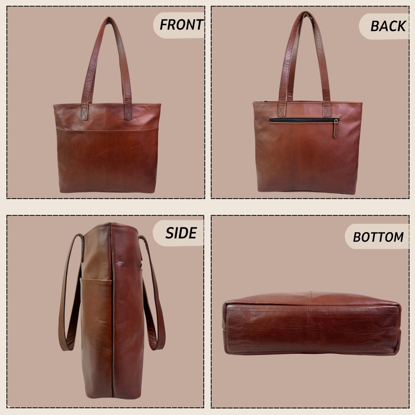 Madosh Brown Genuine Leather Tote Bag for Women - 15 inch Laptop Work Bag Shoulder Handbag & Purse with Multiple Pockets