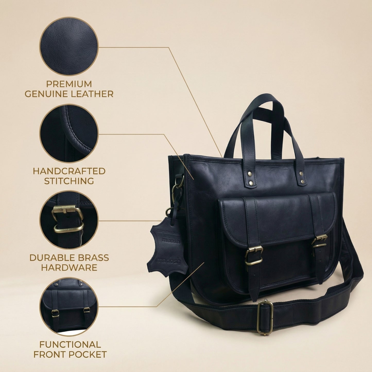 Madosh Genuine Leather Laptop Bag for Women – 15 Inch Tote & Briefcase with Shoulder Strap, Work Office Handbag, Messenger Laptop Bag– Black