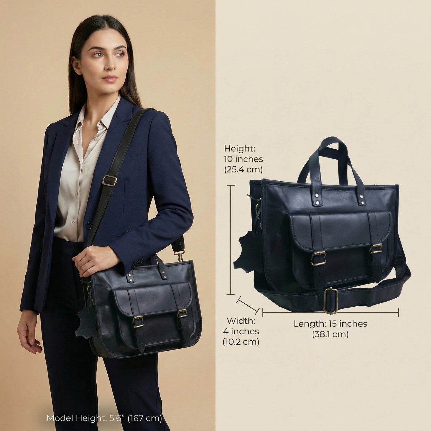 Madosh Genuine Leather Laptop Bag for Women – 15 Inch Tote & Briefcase with Shoulder Strap, Work Office Handbag, Messenger Laptop Bag– Black