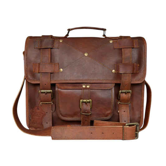 Men's Genuine Leather Brown Briefcase Laptop Crossbody Office Bag