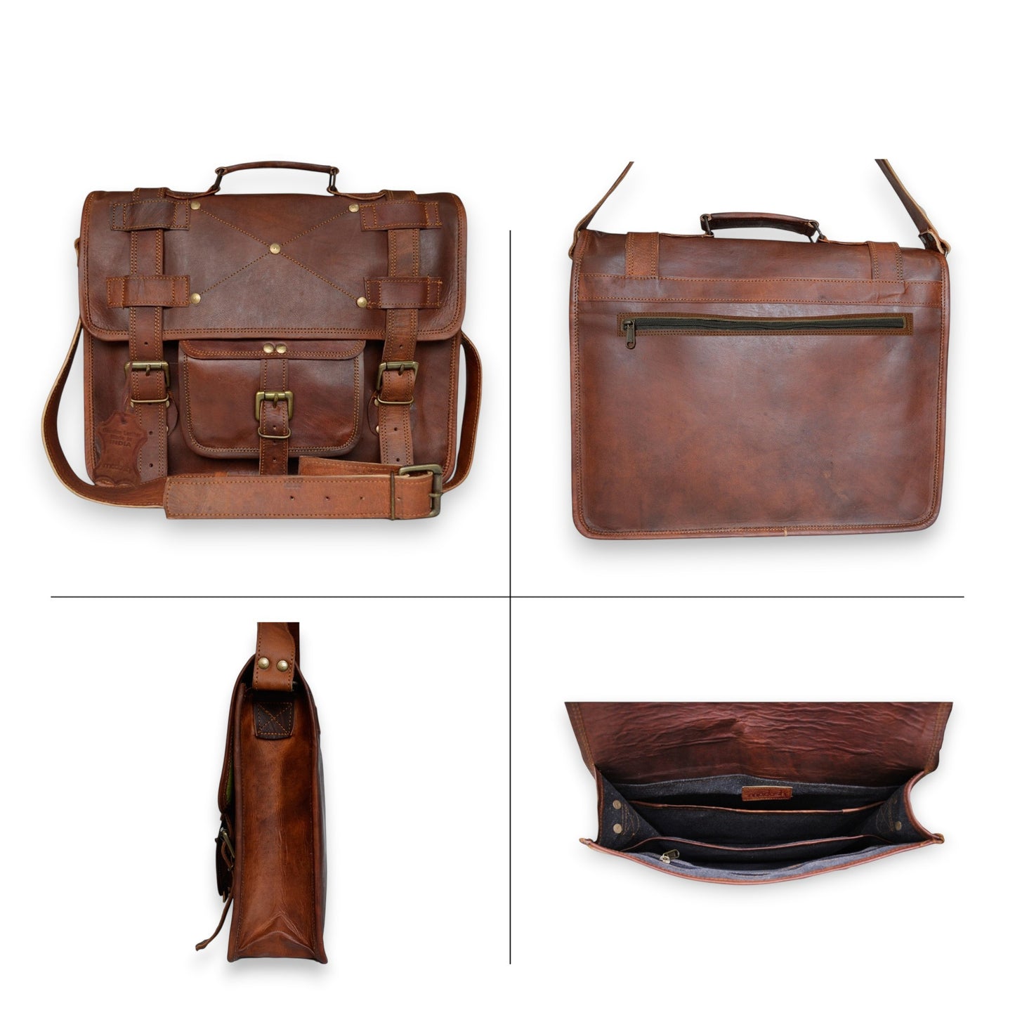 Men's Genuine Leather Brown Briefcase Laptop Crossbody Office Bag
