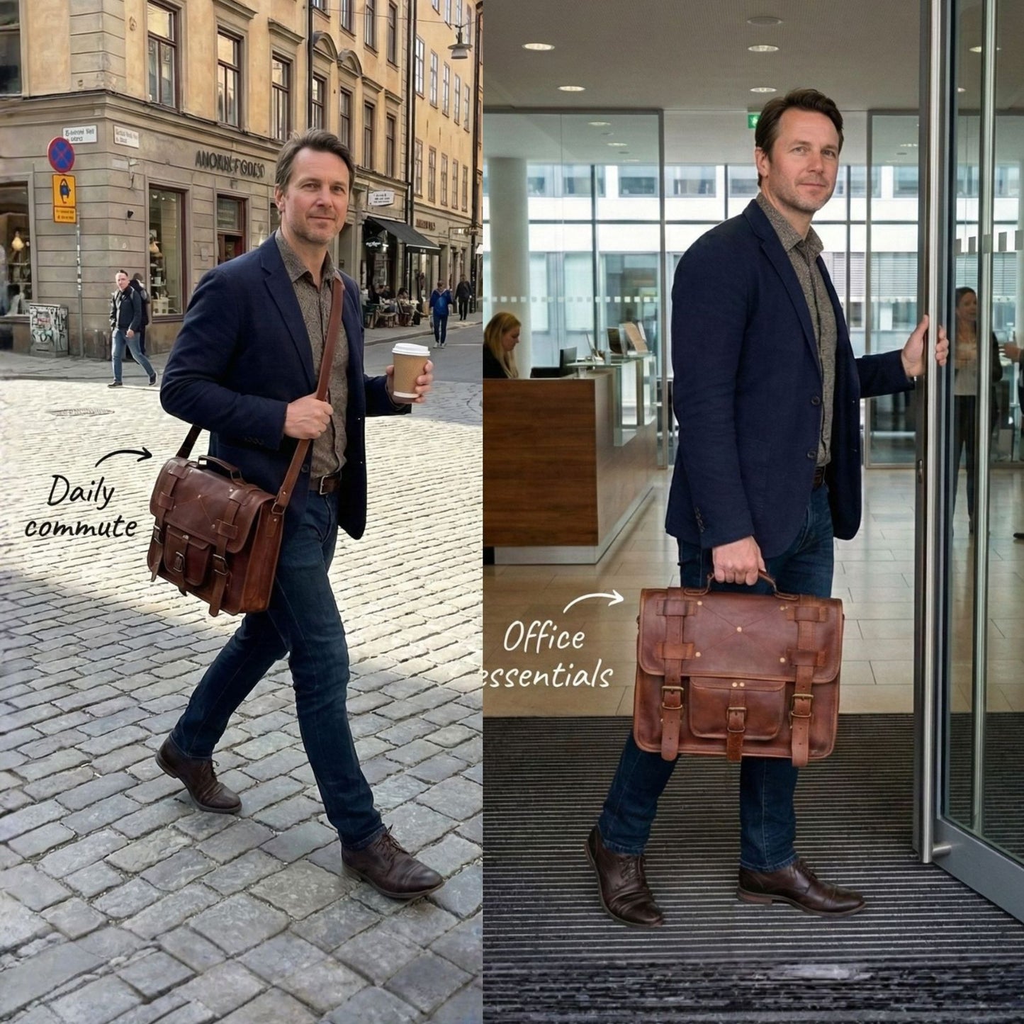 Men's Genuine Leather Brown Briefcase Laptop Crossbody Office Bag