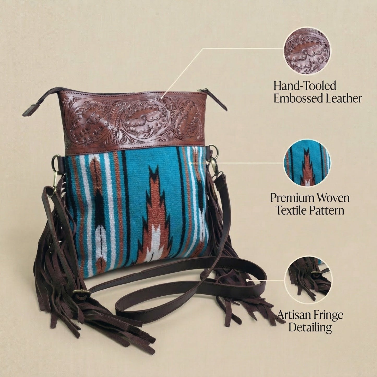 Madosh, Women’s Crossbody Bag Genuine Leather Fringe handbag Sling Purse for Women Saddle Blanket Bag Embossed Handcrafted Bag