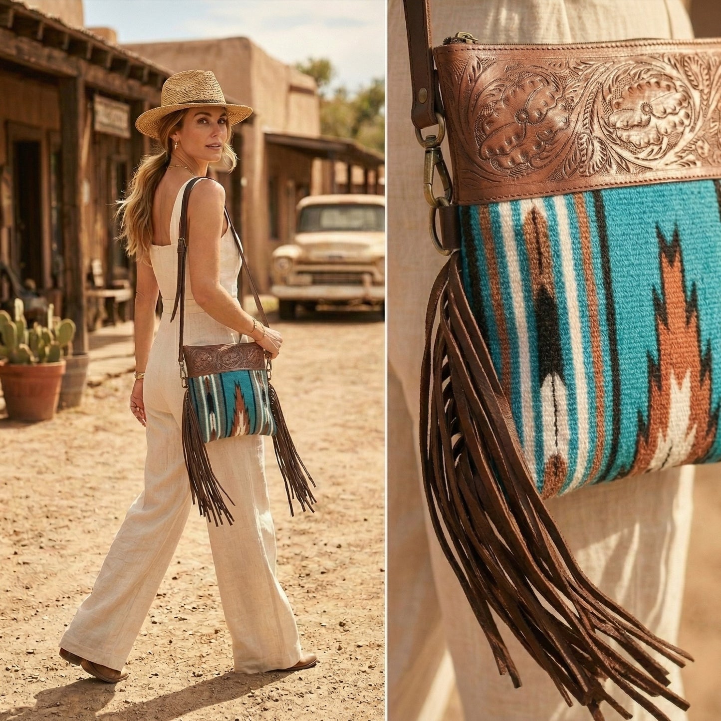 Madosh, Women’s Crossbody Bag Genuine Leather Fringe handbag Sling Purse for Women Saddle Blanket Bag Embossed Handcrafted Bag