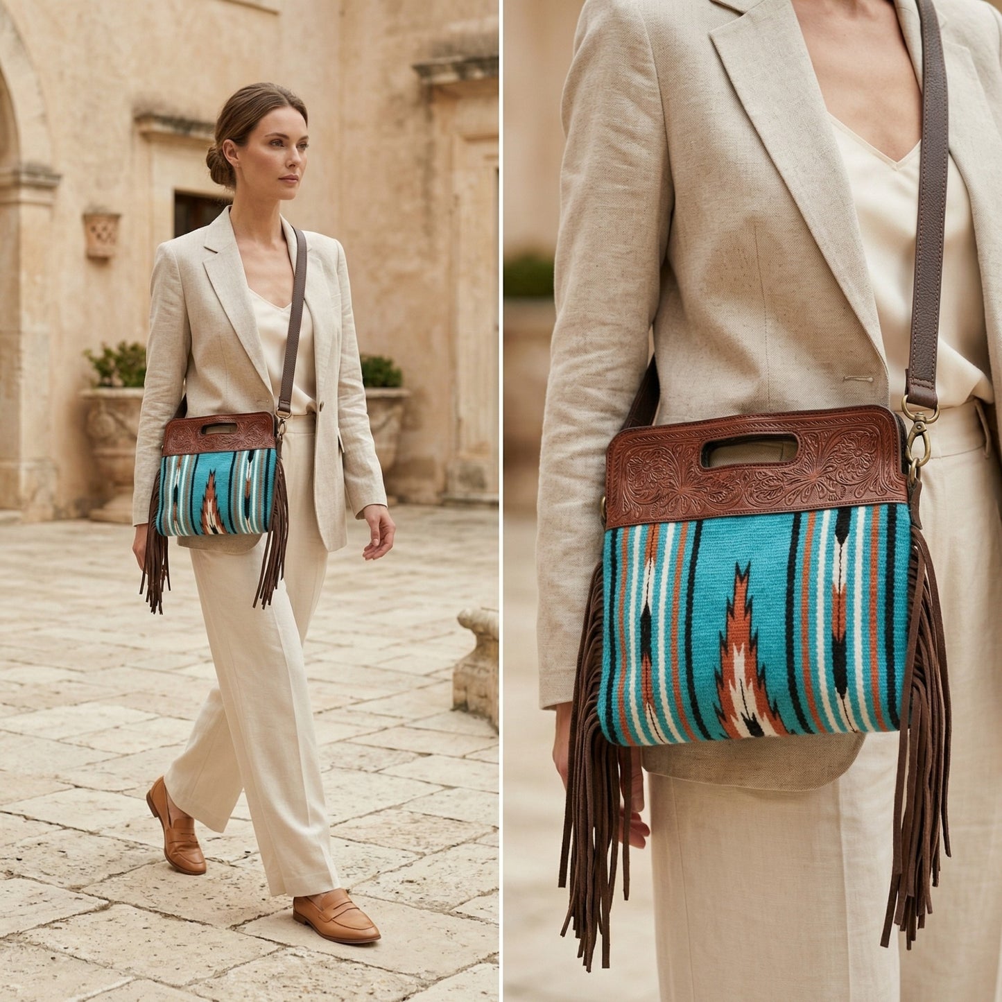 Madosh, Western Style Tote Bag for Women Bohomian Turquoise Aztec Embossed Crossbody Purse Saddle Slingbag