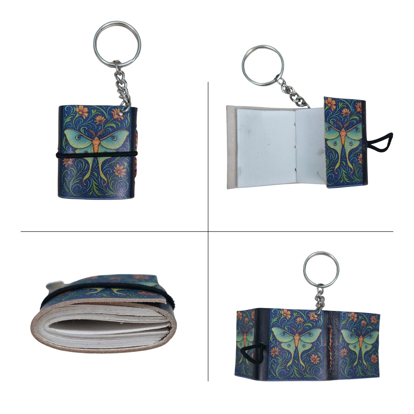 Madosh Mini Notebook Keychain Pack of 4 – Pocket Leather Journal Keychains with Elastic Closure, Portable Mini Memo Pad for Notes, To-Do Lists, Travel, printed keychain for Women & Men