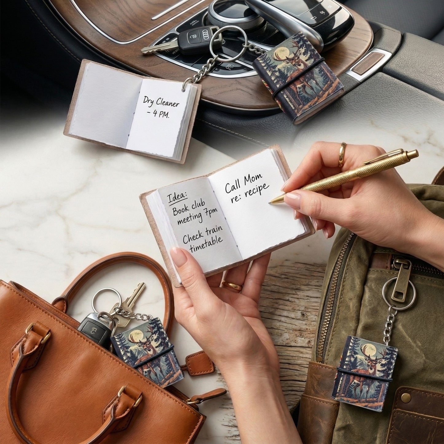 Madosh Mini Notebook Keychain Pack of 4 – Pocket Leather Journal Keychains with Elastic Closure, Portable Mini Memo Pad for Notes, To-Do Lists, Travel, printed keychain for Women & Men