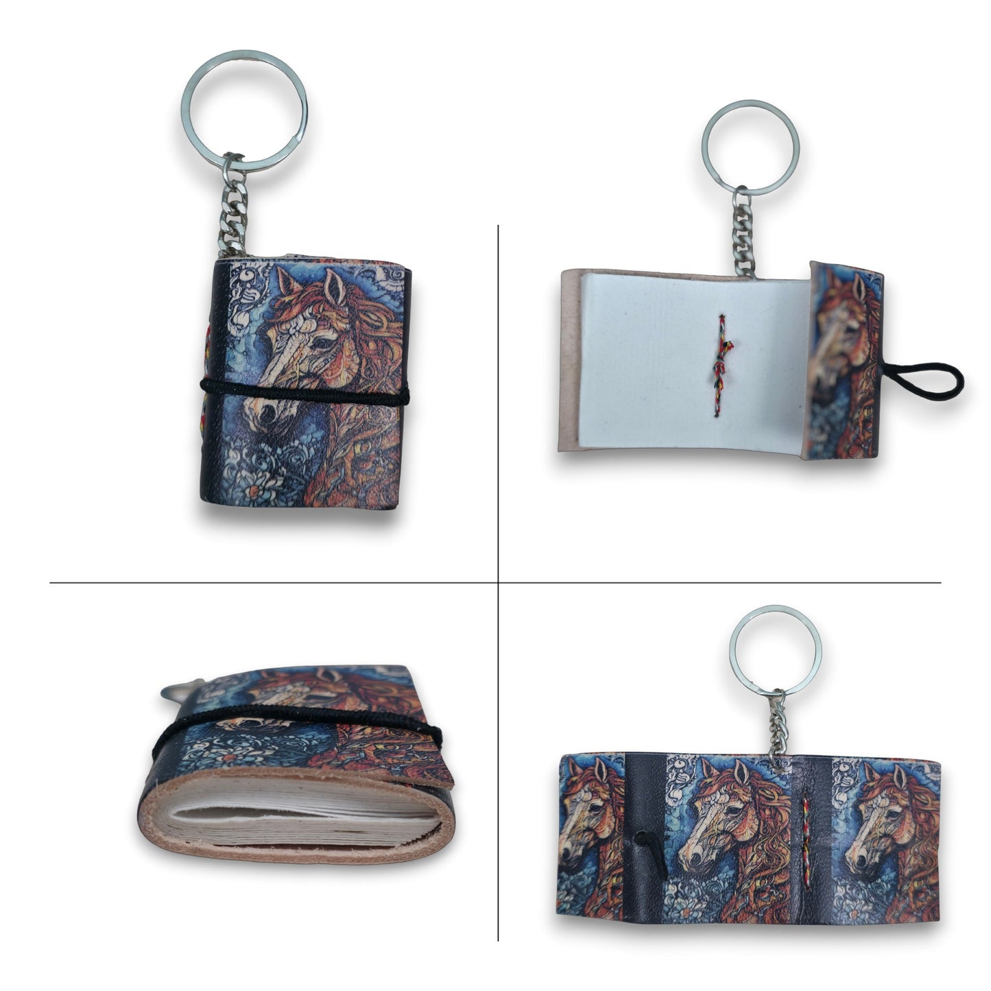Madosh Mini Notebook Keychain Pack of 4 – Pocket Leather Journal Keychains with Elastic Closure, Portable Mini Memo Pad for Notes, To-Do Lists, Travel, printed keychain for Women & Men
