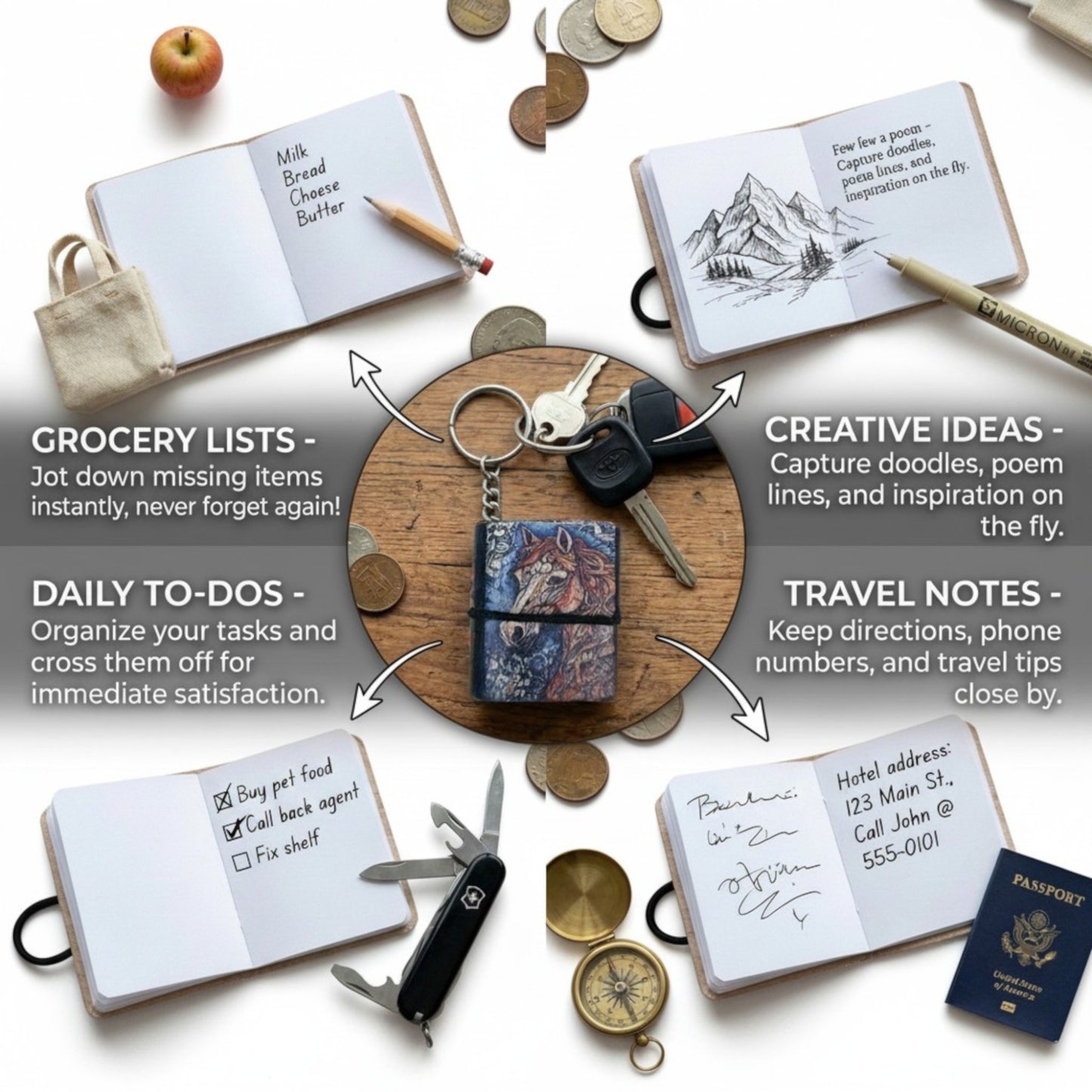 Madosh Mini Notebook Keychain Pack of 4 – Pocket Leather Journal Keychains with Elastic Closure, Portable Mini Memo Pad for Notes, To-Do Lists, Travel, printed keychain for Women & Men