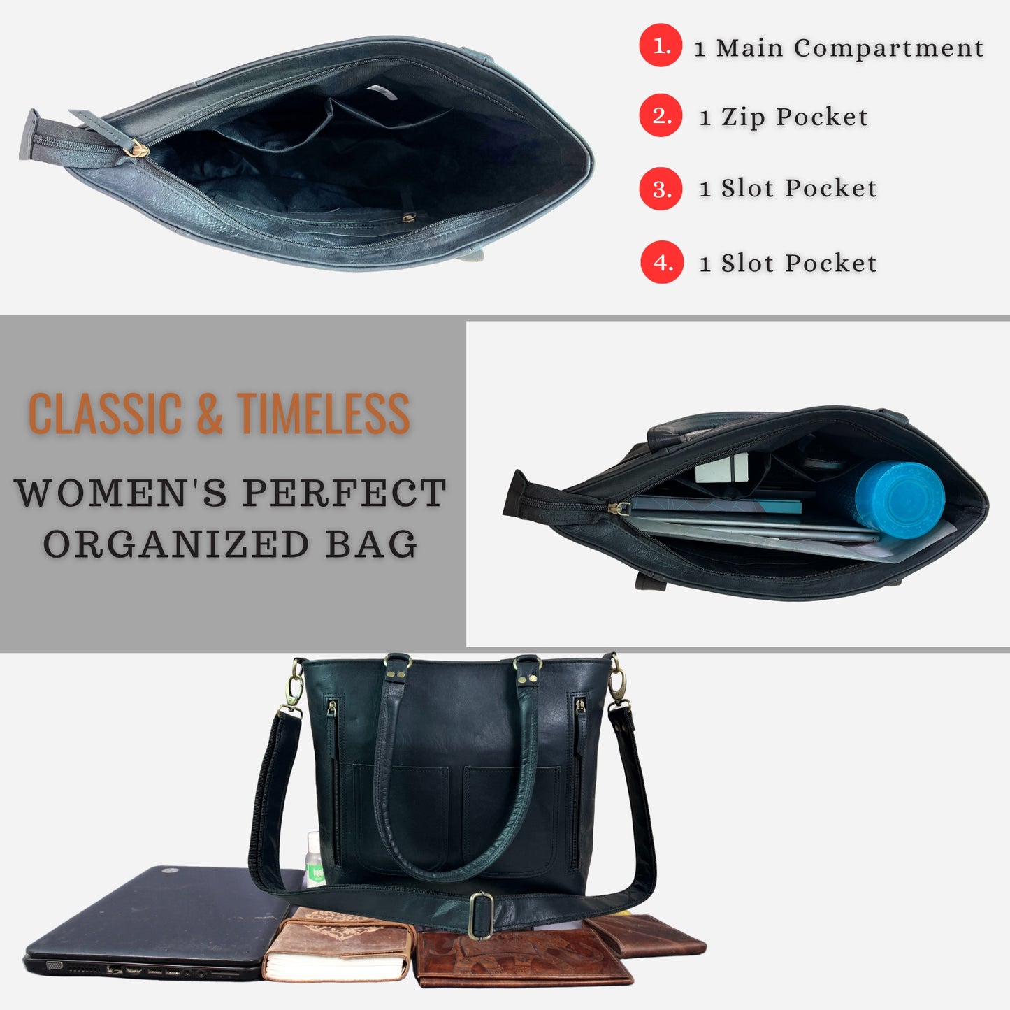 Madosh Women's Genuine Leather Tote Bag | Multi-Pocket Shoulder Bag | Adjustable & Detachable Strap | Elegant Everyday Handbag for Work & Travel (Black)