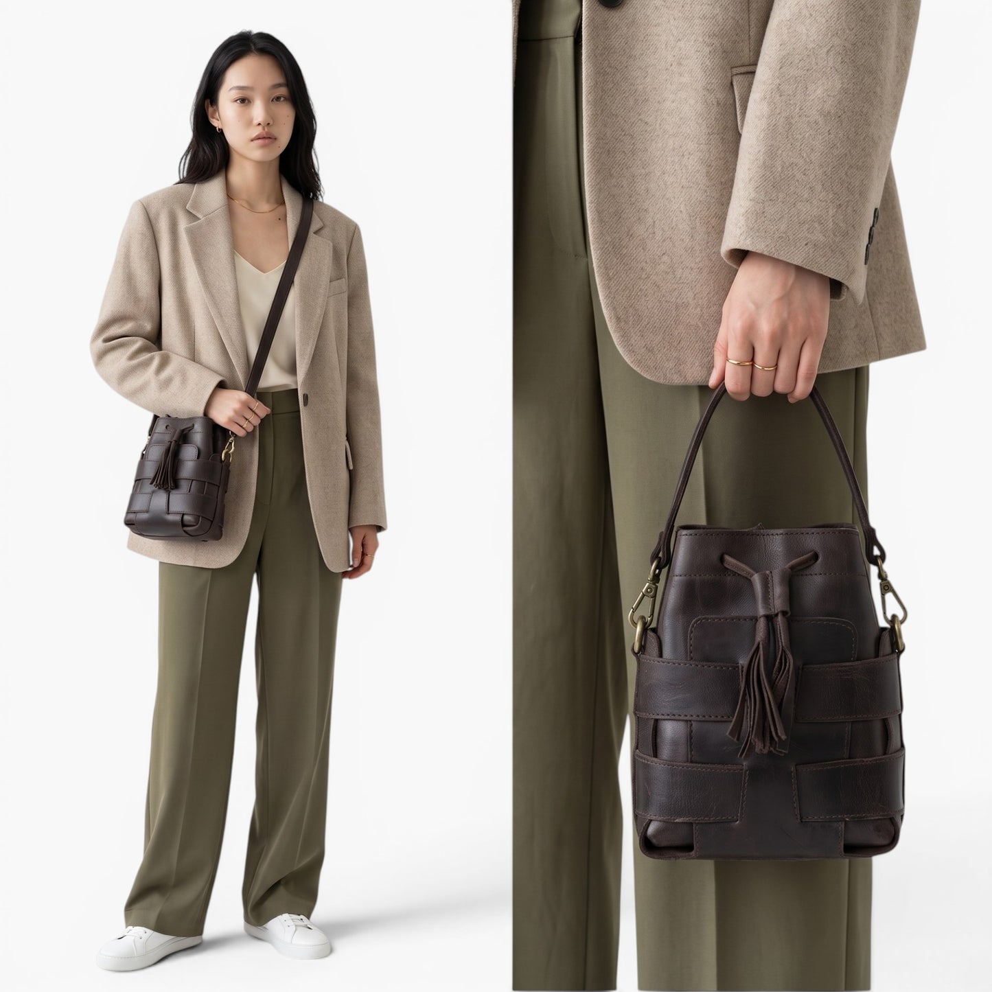 Women's Genuine Leather Bucket Bag  Crossbody Brown bag Cocoon collection