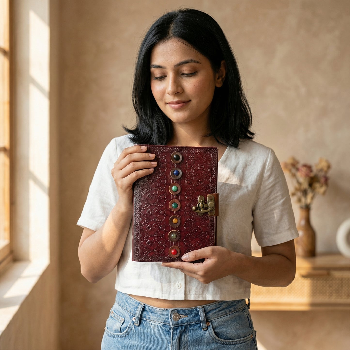 Brown Embossed Seven Stones Diary Genuine Leather Everyday Oragniser