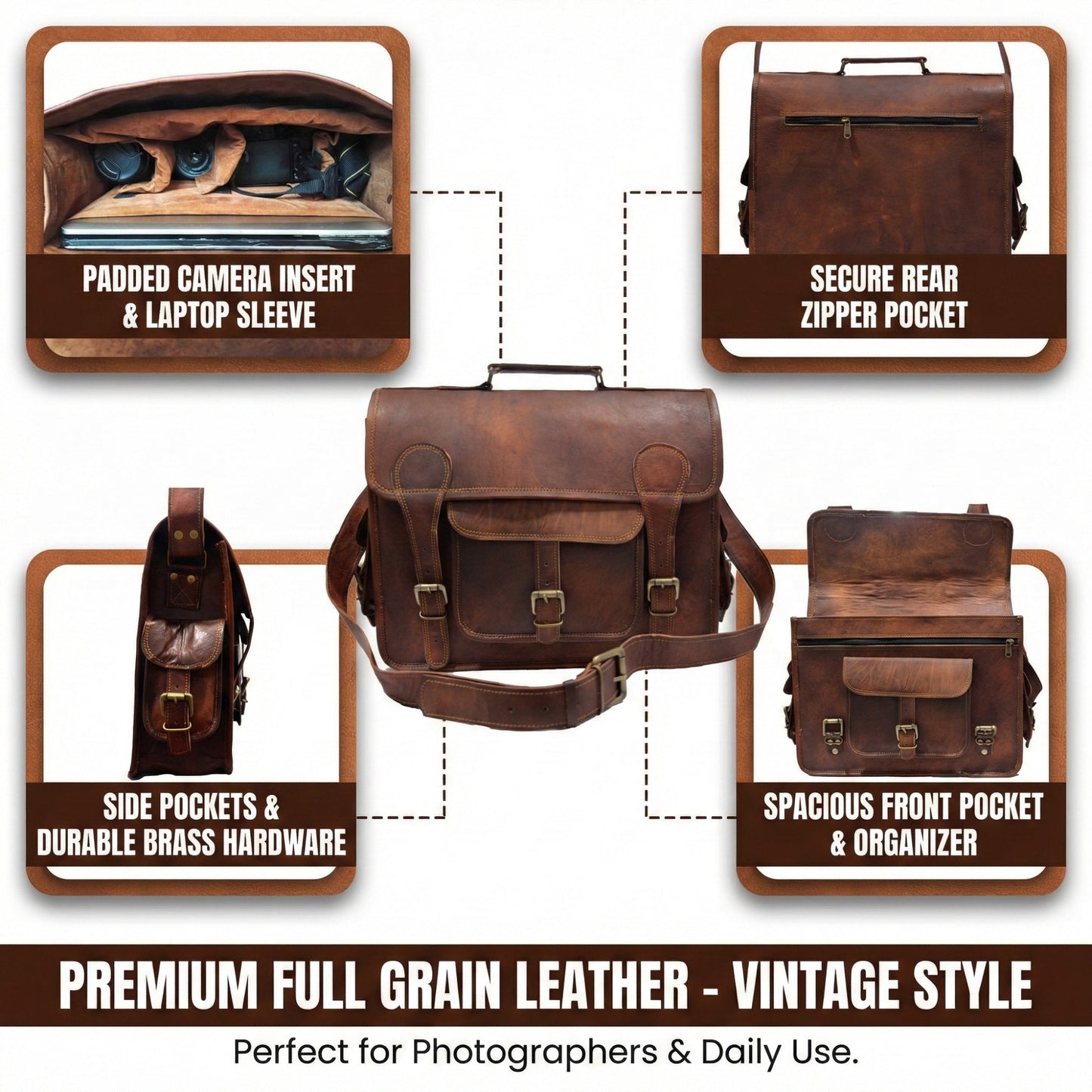 Brown Carryall Genuine Leather Office Laptop Camera Lens KIt Photography Bag