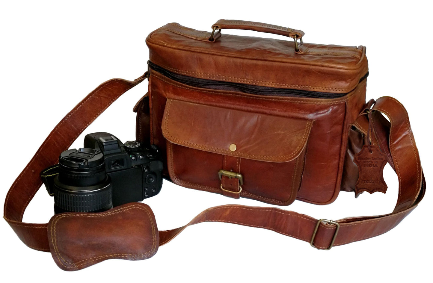Men's Vintage Camera Messenger Bag Leather Travel Shoulder Bag for Photographer