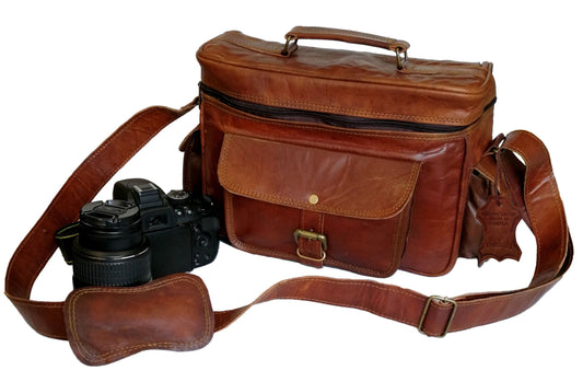 Men's Vintage Camera Messenger Bag Leather Travel Shoulder Bag for Photographer