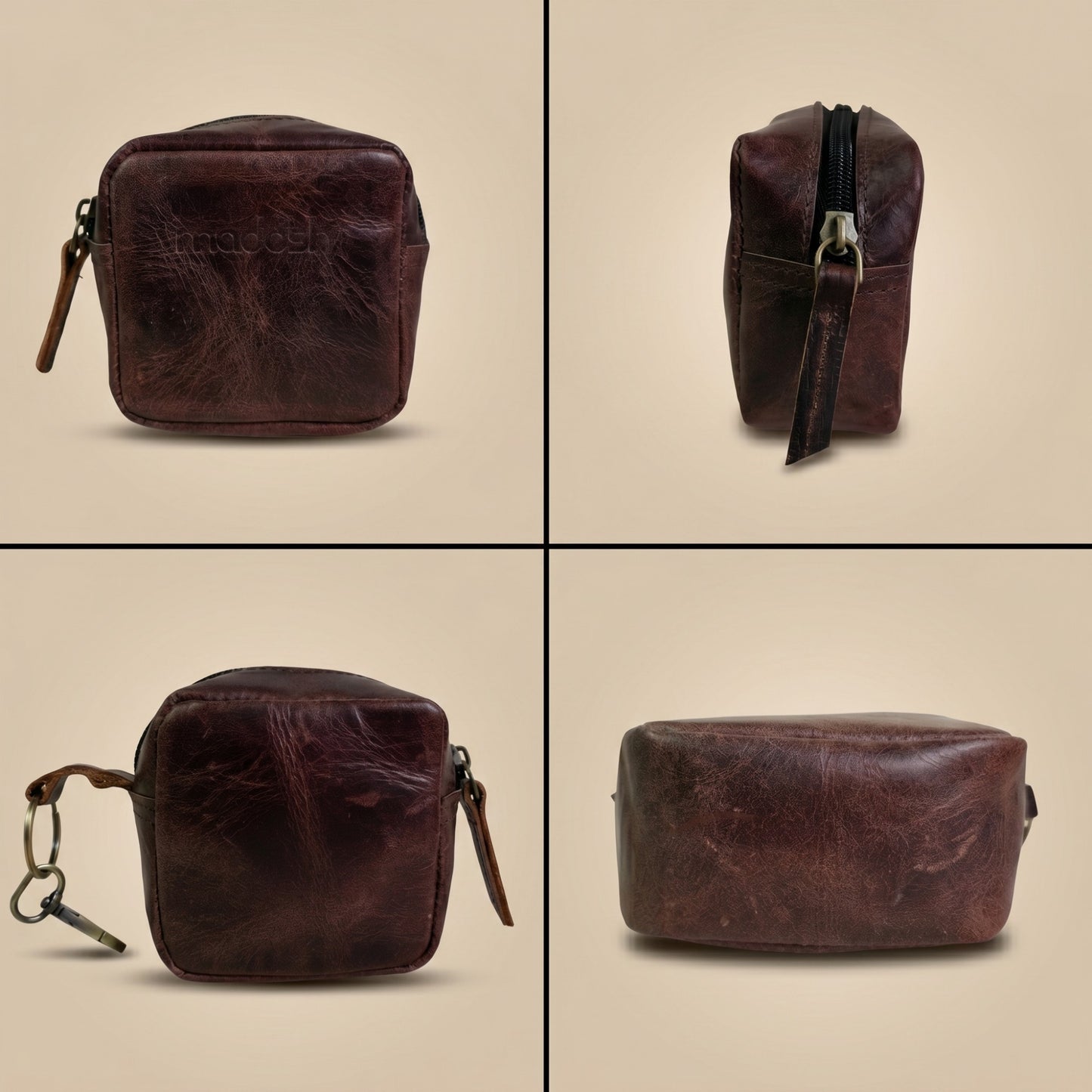Genuine Leather Small Pouch with Zipper, Compact Key Holder Case with Brass Clip, Mini Storage Bag for Coins, Earbuds and Small Essentials (Dark Brown)