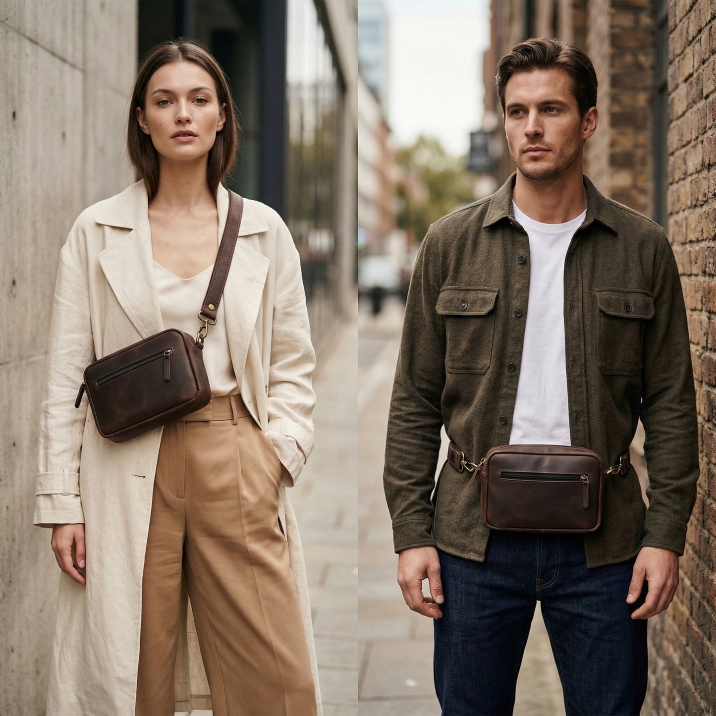 Unisex Genuine Leather Waist Bag & Crossbody Sling | 2-in-1 Travel Pouch with Adjustable Strap | Small Everyday Carry Bag Fanny Pack/Shoulder Bag for Men & Women (Brown)