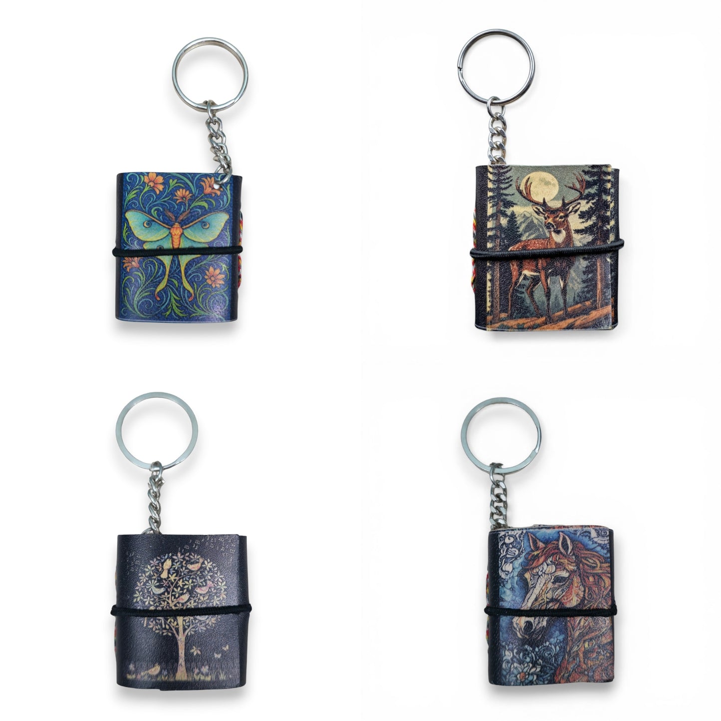 Madosh Mini Notebook Keychain Pack of 4 – Pocket Leather Journal Keychains with Elastic Closure, Portable Mini Memo Pad for Notes, To-Do Lists, Travel, printed keychain for Women & Men
