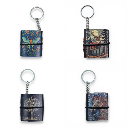 Madosh Mini Notebook Keychain Pack of 4 – Pocket Leather Journal Keychains with Elastic Closure, Portable Mini Memo Pad for Notes, To-Do Lists, Travel, printed keychain for Women & Men