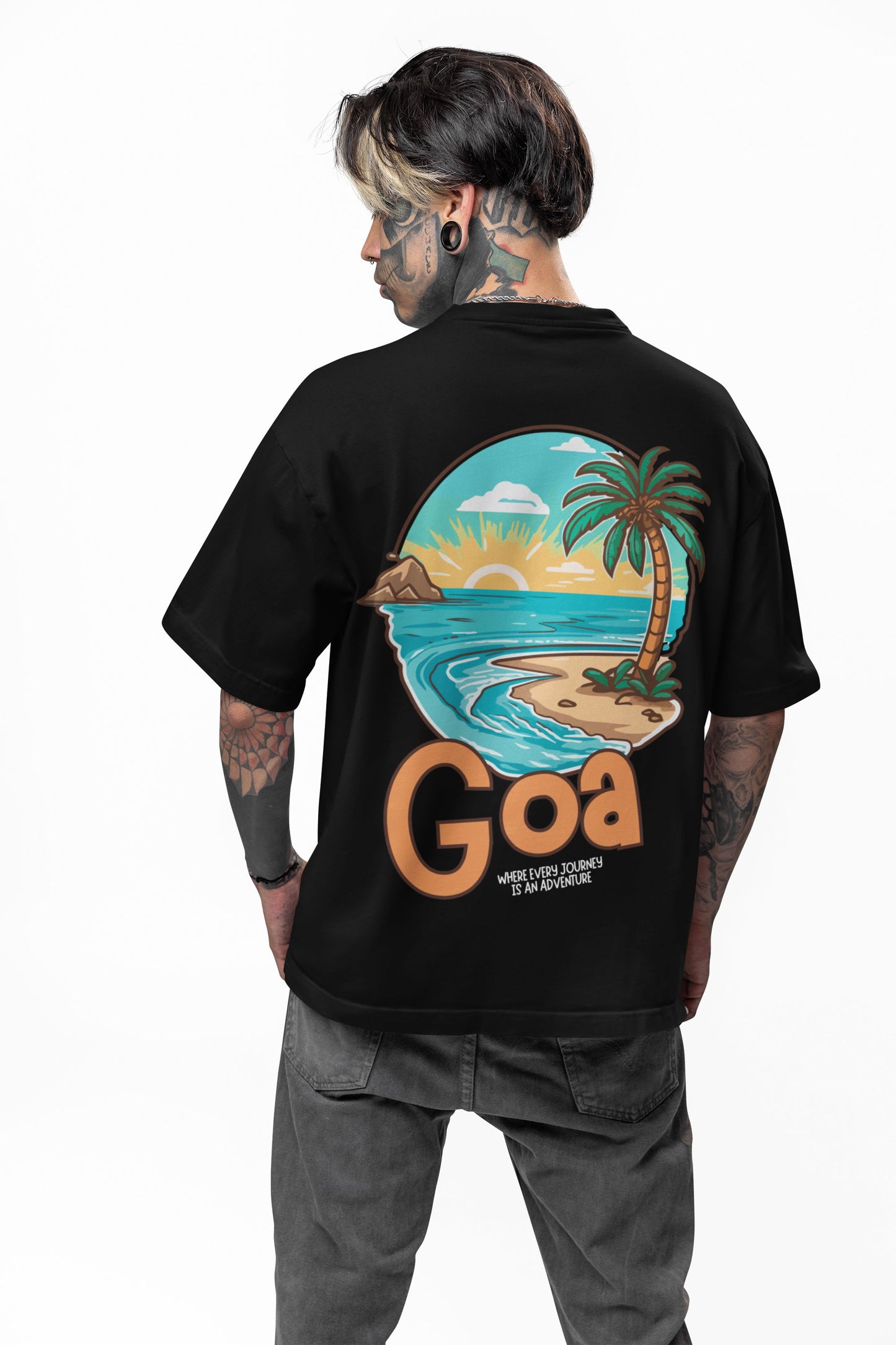 Oversized Drop Shoulder Graphic Printed Half Sleeve T-Shirt for Men | Round Neck t-Shirt 100% Cotton (240gsm) | Goa Beach Print Tshirt for Men Black