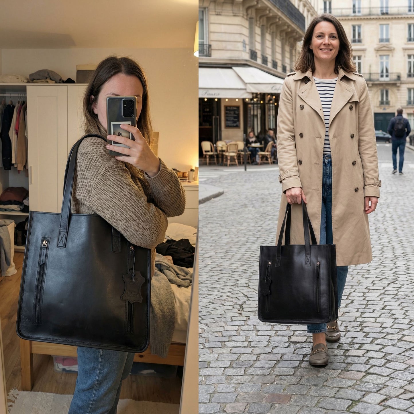 Women’s Genuine Leather Black Tote Bag – Large Shoulder Handbag with Laptop Sleeve, Handmade Office Shopper Purse with Multiple Pockets for Work, Travel & Daily Use